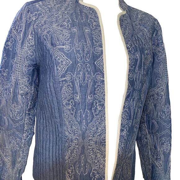 Chico's Embroidered Quilted Chambray Open Front Jacket Blue Medium - Picture 2 of 6